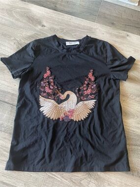 Valentino Black Tee with Pink & Gold Swan Embroidery